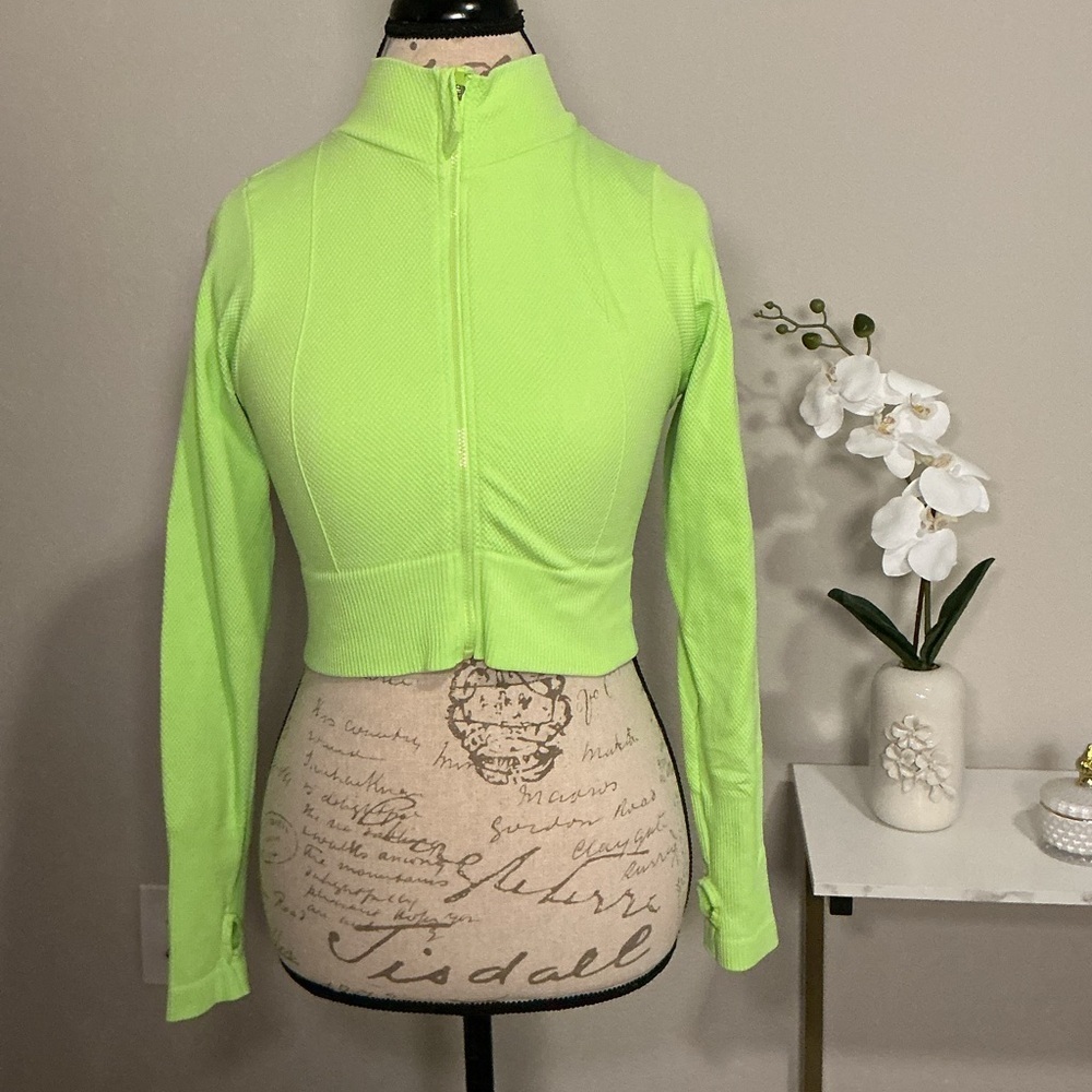 Neon Green Women's Zip-Up Crop Top - Picture 2 of 6